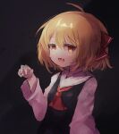  1girl ahoge ar_(maeus) ascot black_background commentary fang hair_ribbon long_sleeves looking_at_viewer open_mouth red_ascot red_eyes red_ribbon ribbon rumia simple_background solo touhou upper_body 