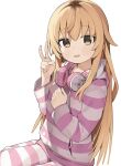  1girl animal_ear_headphones animal_ears blush brown_eyes brown_hair cat_ear_headphones commentary_request fake_animal_ears hair_between_eyes hands_up headphones headphones_around_neck highres hood hood_down hooded_jacket ienaga_mugi jacket long_hair long_sleeves looking_at_viewer nijisanji pants parted_lips seramikku simple_background sitting solo striped striped_jacket striped_pants v very_long_hair virtual_youtuber white_background 