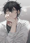 1boy black_eyes black_hair cigarette expressionless given grey_background hand_on_own_face holding holding_cigarette male_focus medium_hair messy_hair mi_muuuu murata_ugetsu open_clothes simple_background smoke_trail smoking solo 
