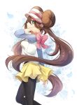 1girl blue_eyes bow breasts bright_pupils brown_hair closed_mouth commentary_request double_bun doughnut_hair_bun falling_petals from_side green_eyes hair_bun hand_up hat highres long_hair looking_at_viewer pantyhose_under_shorts petals pink_bow pokemon pokemon_(game) pokemon_bw2 raglan_sleeves rosa_(pokemon) short_shorts shorts skirt sleeves_past_elbows solo twintails very_long_hair visor_cap white_pupils yellow_shorts yomogi_(black-elf) 