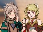  1boy 1girl :d absurdres blonde_hair bow braid citrinne_(fire_emblem) clanne_(fire_emblem) commission eating fire_emblem fire_emblem_engage flannel green_bow hair_ornament hairpin highres holding holding_jar hunnymzdraws jar open_mouth pickle scarf short_hair smile very_short_hair wing_hair_ornament 