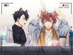  2boys absurdres animal_ears bishounen black_hair blush bottle cat_ear_hairband chain_necklace cup disposable_cup ear_piercing given highres jewelry male_focus mi_muuuu multiple_boys necklace open_clothes open_mouth piercing rabbit_ears red_eyes redhead satou_mafuyu uenoyama_ritsuka viewfinder water_bottle 
