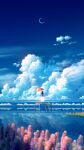  1girl black_hair blue_sky clouds crescent_moon day dress highres holding holding_umbrella horizon moon ocean original outdoors reflection reflective_water scenery shuu_illust sky solo umbrella white_dress 