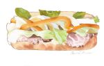  aon968 artist_name bell_pepper_slice bread food food_focus lettuce meat no_humans original painting_(medium) pastrami realistic sandwich signature simple_background still_life traditional_media watercolor_(medium) white_background 