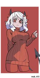  1girl artist_request breasts demon_girl demon_horns demon_tail helltaker highres horns large_breasts long_sleeves looking_at_viewer medium_hair modeus_(helltaker) red_eyes ribbed_sweater solo sweater tail thigh-highs turtleneck white_hair 