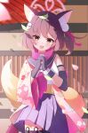  1girl :d absurdres animal_ear_fluff animal_ears architecture black_hair blue_archive blurry commentary_request depth_of_field east_asian_architecture eyeshadow falling_petals fingerless_gloves fox_ears fox_girl fox_hair_ornament fox_tail gloves hadanugi_dousa hair_between_eyes hair_ornament halo highres interlocked_fingers izuna_(blue_archive) japanese_clothes kunai leaf leaf_on_head long_sleeves looking_at_viewer makeup medium_hair ninja one_side_up outdoors own_hands_clasped own_hands_together petals pleated_skirt pom_pom_(clothes) pom_pom_hair_ornament red_eyeshadow red_scarf scarf school_uniform seijiikeuchi serafuku sidelocks skirt sleeveless smile solo tail thigh_strap weapon wide_sleeves wind yellow_eyes 