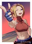  1girl abs akisa_yositake bare_shoulders blonde_hair blue_eyes blue_gloves blue_mary bob_cut breasts crop_top fatal_fury fingerless_gloves gloves large_breasts looking_at_viewer muscular muscular_female navel one_eye_closed open_mouth parted_hair red_tank_top short_hair sleeveless sleeveless_turtleneck smile tank_top the_king_of_fighters turtleneck 