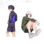  2boys ahoge black_hair black_shorts blue_eyes blue_hair green_jacket green_shorts hair_between_eyes hands_in_pockets idolmaster idolmaster_side-m jacket kitamura_sora legs long_sleeves looking_at_viewer male_focus map_(map_imas) multicolored_hair multiple_boys open_clothes open_jacket shoes shorts smile sneakers taiga_takeru white_background white_hair 