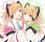  2girls animal_ear_headphones animal_ears blonde_hair blue_archive blue_necktie blush cat_ear_headphones cat_tail closed_mouth commentary_request dated fake_animal_ears fake_tail figmnts green_eyes halo headphones highres jacket long_sleeves midori_(blue_archive) momoi_(blue_archive) multiple_girls necktie one_eye_closed open_mouth pink_eyes shirt short_hair short_necktie suspenders tail white_jacket white_shirt wide_sleeves 