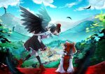  2girls absurdres bare_shoulders bird_wings black_hair black_skirt black_socks black_wings bow brown_eyes closed_eyes closed_mouth day detached_sleeves feathered_wings feathers geta hair_bow hair_tubes hakurei_reimu hakurei_shrine hat highres human_village_(touhou) japanese_clothes kinese_(katasutorohu) kneehighs multiple_girls nontraditional_miko open_mouth pom_pom_(clothes) red_bow red_footwear red_headwear shameimaru_aya shirt short_hair short_sleeves sidelocks skirt smile socks tengu-geta tokin_hat torii touhou white_shirt white_sleeves wide_sleeves wings 