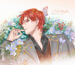  1boy brown_eyes brown_vest bug butterfly butterfly_on_head cale_henituse character_name chiutina flower formal grey_suit hair_between_eyes hand_up lout_of_count&#039;s_family male_focus petals redhead short_hair solo suit upper_body vest 