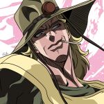  1boy blonde_hair cigarette commentary_request cowboy_hat hat hatching_(texture) head_tilt highres hol_horse jojo_no_kimyou_na_bouken long_hair male_focus official_style portrait remyfive sideburns signature solo stardust_crusaders violet_eyes 
