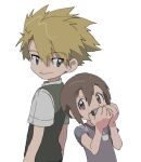  1boy 1girl age_difference blonde_hair brown_hair digimon digimon_adventure female_child hair_between_eyes highres instrument ishida_yamato music playing_instrument red_eyes simple_background size_difference smile tantanmen white_background yagami_hikari 