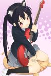  black_hair brown_eyes cat_ears cushion guitar highres instrument k-on! kneeling long_hair nakano_azusa school_uniform solo soraneko_(pussy-willow) 