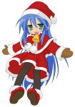  bell blue_hair capelet christmas extraction green_eyes hat highres izumi_konata lucky_star mittens pantyhose santa_costume santa_hat transparent_background vector vector_trace 