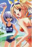  armpits back bikini blonde_hair blue_eyes blue_hair blush chainlink_fence fence goggles hair_ribbon highres innertube long_hair looking_back memories_off multiple_girls nonohara_haya one-piece_swimsuit outdoors ribbon sagisawa_yukari scan scan_artifacts scanning_artifacts school_swimsuit short_hair sky swimsuit swimsuit telephone_pole twintails very_long_hair wet yellow_eyes 