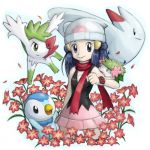  1girl beanie flower hat hikari_(pokemon) nintendo piplup pokemoa pokemon pokemon_(creature) scarf shaymin togekiss 