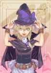  :p belt blonde_hair bow braid cape classictime colored_eyelashes eyelashes hair_bow hand_on_hat hands hat kirisame_marisa pinky_out pocket side_braid tongue touhou witch_hat wristband yellow_eyes 