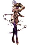  1girl absurdres armor boots breasts claw_(weapon) earrings female full_body gauntlets hair_over_one_eye high_heels highres holding holding_weapon holding_whip huge_breasts isabella_valentine ivy_valentine jewelry kawano_takuji leather lips looking_at_viewer namco navel official_art pauldrons purple_lipstick revealing_clothes shoes short_hair solo soul_calibur soulcalibur soulcalibur_iv standing sword thigh_boots thighhighs under_boob underboob weapon whip whip_sword white_hair 