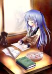  angel_beats! blue_hair book closed_eyes highres kotsu long_hair plate reflection school_uniform stuffed_animal stuffed_toy teddy_bear tachibana_kanade window 