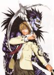  brown_hair death_note highres male obata_takeshi ryuk scan scythe shinigami yagami_light 