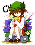  artist_request bird bloomers brown_hair cat_ears cat_tail character_name chen earrings flower hat highres jewelry max0201 multiple_tails red_eyes short_hair solo tail touhou 