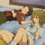  bed brother_and_sister brown_eyes brown_hair hair_down hiyo_kiki k-on! lying messy_hair school_uniform short_hair siblings sleeping tainaka_ritsu tainaka_satoshi 