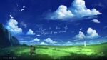  artist_name bird blue_sky clouds commentary cumulonimbus_cloud english_commentary english_text from_behind grass highres mountain original outdoors people rune_xiao scenery sitting sky summer 