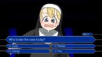  1girl blonde_hair blue_eyes blush clumsy_nun_(diva) diva_(hyxpk) english_text habit highres little_nuns_(diva) looking_at_viewer nun open_mouth solo sweat tearing_up who_wants_to_be_a_millionaire 