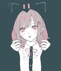  1girl :o animal_ears black_jacket black_shirt blending collared_shirt commentary_request danganronpa_(series) danganronpa_2:_goodbye_despair dress_shirt fake_animal_ears galaga hair_ornament hands_up highres hood hood_up hooded_jacket jacket medium_hair nanami_chiaki neck_ribbon pink_eyes pink_ribbon raimu_(ai61107) ribbon shirt sleeves_past_wrists solo teeth upper_body upper_teeth_only 