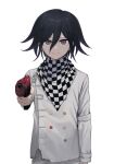  1boy black_hair buttons checkered_clothes checkered_scarf closed_mouth cowboy_shot danganronpa_(series) danganronpa_v3:_killing_harmony double-breasted grey_jacket grey_pants gun handgun highres holding holding_gun holding_weapon jacket lolowv long_sleeves multicolored_hair ouma_kokichi pants purple_hair scarf simple_background smile solo two-tone_hair violet_eyes weapon white_background 