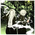  2boys black_jacket black_nails blonde_hair candy cigarette command_spell daybit_sem_void fate/grand_order fate_(series) food gun holding holding_gun holding_weapon jacket jewelry jungle lollipop long_hair looking_to_the_side looking_up male_focus medallion midriff multiple_boys nature navel necklace nobicco open_clothes open_jacket orange-tinted_eyewear profile shirt short_hair smoke smoking sunglasses tezcatlipoca_(fate) tinted_eyewear trench_coat weapon white_shirt 