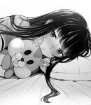  absurdres blush closed_mouth greyscale highres holding holding_stuffed_toy inoue_takina kitaku_jikan_(ktk_jkn) long_hair looking_at_viewer lycoris_recoil lying monochrome on_side pillow simple_background stuffed_toy white_background 