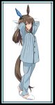  absurdres admire_vega_(umamusume) alternate_costume animal_ears arm_behind_head armpits arms_up brown_hair commentary_request highres horse_ears horse_girl horse_tail long_hair looking_at_viewer pajamas ponytail ribbon simple_background slippers standing tail umamusume white_background yamazaki_jun 