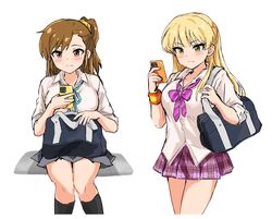  2girls acb4163 aqua_necktie bag blonde_hair blush breasts brown_eyes brown_hair cellphone closed_mouth cowboy_shot dot_nose dress_shirt expressionless eyelashes futami_mami grey_skirt gyaru hair_ornament hair_scrunchie highres holding holding_bag idolmaster idolmaster_(classic) idolmaster_cinderella_girls idolmaster_million_live! jewelry jougasaki_rika kneehighs large_breasts long_hair looking_at_phone loose_necktie multiple_girls necktie phone pink_necktie pink_skirt plaid plaid_skirt pleated_skirt ring scrunchie shirt shoulder_bag side_ponytail sitting skirt socks white_background wristband yellow_eyes 