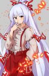  1girl bow closed_mouth fire fujiwara_no_mokou grey_background hair_bow hand_in_pocket highres juliet_sleeves long_hair long_sleeves looking_at_viewer ofuda ofuda_on_clothes pants puffy_sleeves red_eyes red_pants shinmon_akika simple_background solo suspenders touhou very_long_hair white_hair 