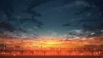  chinese_commentary cityscape clouds commentary_request gradient_sky ground_vehicle highres light_particles no_humans original outdoors power_lines rune_xiao scenery signature sky star_(sky) starry_sky still_life sunset train 
