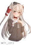  1girl absurdres amatsukaze_(kancolle) blush brown_dress brown_eyes dress gloves grey_hair grey_neckerchief hair_tubes hairband hat highres kantai_collection long_hair long_sleeves looking_at_viewer mini_hat neckerchief sailor_collar sailor_dress short_dress single_glove smokestack_hair_ornament solo tf_cafe twitter_username two_side_up upper_body white_background white_sailor_collar 