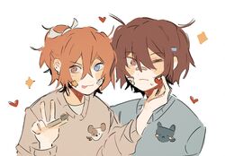  2boys bandaid bandaid_on_cheek bandaid_on_face bandaid_on_nose blue_sweater brown_eyes brown_hair brown_sweater bungou_stray_dogs dazai_osamu_(bungou_stray_dogs) grey_background high_ponytail highres holding holding_pen long_sleeves male_focus multiple_boys nakahara_chuuya orange_hair ossukii pen shirt sketch sticker_on_face sweater v white_shirt 