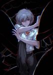  1boy absurdres belt black_background black_pants chinese_commentary chromatic_aberration collared_shirt commentary_request feet_out_of_frame grey_hair hair_between_eyes highres knee_up looking_at_viewer male_focus nagisa_kaworu neon_genesis_evangelion pants red_eyes shirt short_hair sitting smile solo teeth white_shirt yuanlitianshiheaoye66364 