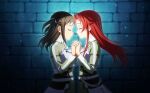  2girls against_wall blue_ribbon brown_hair closed_eyes closed_mouth floating_hair from_side green_shirt hair_ribbon holding_hands interlocked_fingers long_hair long_sleeves multiple_girls profile redhead ribbon ronye_arabel shirt standing stone_wall straight_hair sword_art_online tiese_schtrinen underbust wall wing_collar 