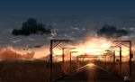  absurdres chinese_commentary clouds commentary_request ground_vehicle highres mountainous_horizon no_humans original outdoors railroad_tracks rune_xiao scenery signature sky still_life sun sunset train 