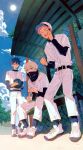  3boys :d absurdres baseball_cap baseball_uniform belt bench black_belt black_hair black_shirt bottle covered_mouth day full_body fushiguro_megumi grey_hair hand_up hat highres holding holding_bottle inumaki_toge itadori_yuuji jujutsu_kaisen long_sleeves male_focus multiple_boys open_mouth outdoors pants pink_hair sebin_13 shirt shoes short_hair sitting smile spiky_hair sportswear standing undercut violet_eyes water_bottle white_footwear white_headwear white_pants white_shirt 