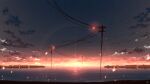  chinese_commentary clouds commentary_request highres horizon lens_flare light_particles no_humans ocean original outdoors power_lines rune_xiao scenery signature sky star_(sky) starry_sky still_life sun sunset utility_pole 
