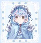  1girl absurdres blue_hair blue_nails blue_ribbon blue_sweater blush chocoeiru colored_eyelashes framed frown hair_between_eyes hair_ribbon highres long_hair maid_headdress nail_polish ribbon rimuru_tempest solo sweatdrop sweater tensei_shitara_slime_datta_ken upper_body 