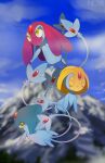  azelf closed_eyes closed_mouth clouds commentary day forehead_jewel gem mesprit no_humans outdoors pokemon pokemon_(creature) red_gemstone sky uxie yajuuraku yellow_eyes 