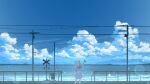  1girl animal_ears blue_dress blue_sky cat_ears cat_girl cat_tail chinese_commentary clouds commentary_request day dress highres holding horizon light_particles ocean original outdoors power_lines rune_xiao scenery short_hair sign signature sky solo standing tail utility_pole white_hair 