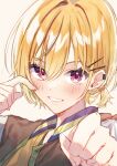  1girl blonde_hair blush chobo_ume clenched_hand fist_bump grin hair_ornament hairclip highres idolmaster idolmaster_shiny_colors jacket looking_at_viewer low_ponytail portrait saijo_juri short_hair short_ponytail smile solo upper_body violet_eyes 