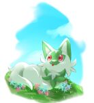 animal_focus border commentary_request day flower full_body grass highres looking_up no_humans outdoors pokemon pokemon_(creature) red_eyes sky solo sprigatito ukocome white_border 
