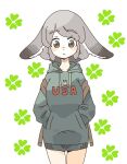 1girl :&lt; animal_ear_fluff animal_ears animal_print backpack bag blush_stickers breasts closed_mouth clothes_writing collarbone commentary_request drawstring floppy_ears grey_eyes grey_hair grey_hoodie hands_in_pockets hood hood_down hoodie hyon_(hyon_noyh) long_hoodie looking_at_viewer medium_breasts original print_hoodie rabbit_ears rabbit_print romaji_text simple_background solo thick_eyebrows white_background 
